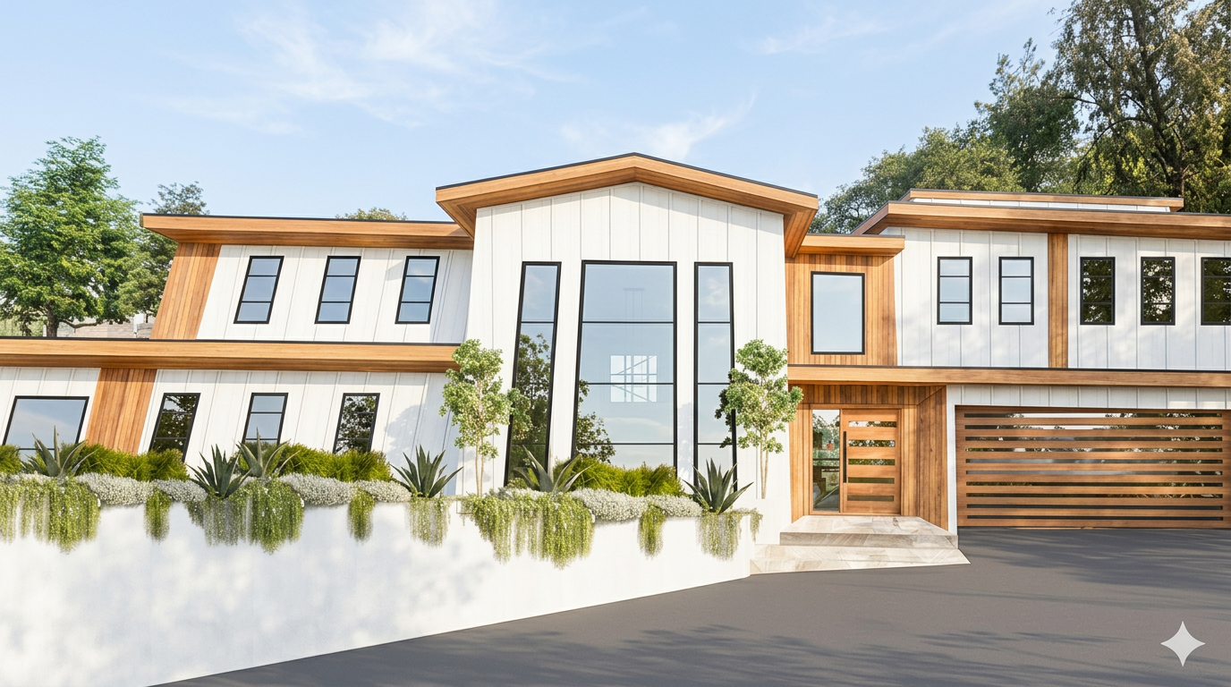 Design visualization of 2660 Hutton Dr with white vertical siding, warm wood accents, black-framed windows, contemporary garage door, and drought-tolerant landscaping.